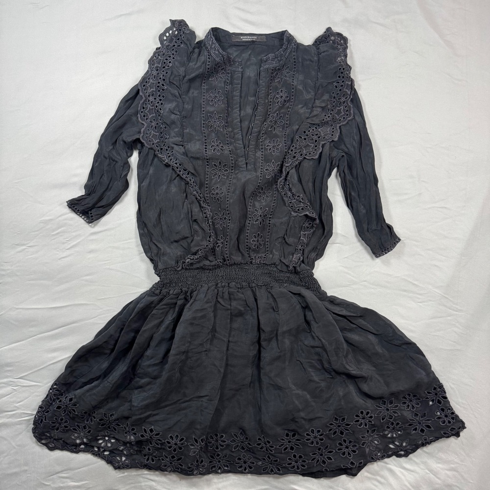 Scotch & Soda Black Eyelet Ruffle Floral Smocked Mini Dress Witchy Whimsigoth XS
